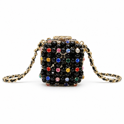 Chanel Black Pearl Minaudère Box Bag | Multicolor Rhinestones & Gold CC — 8cm