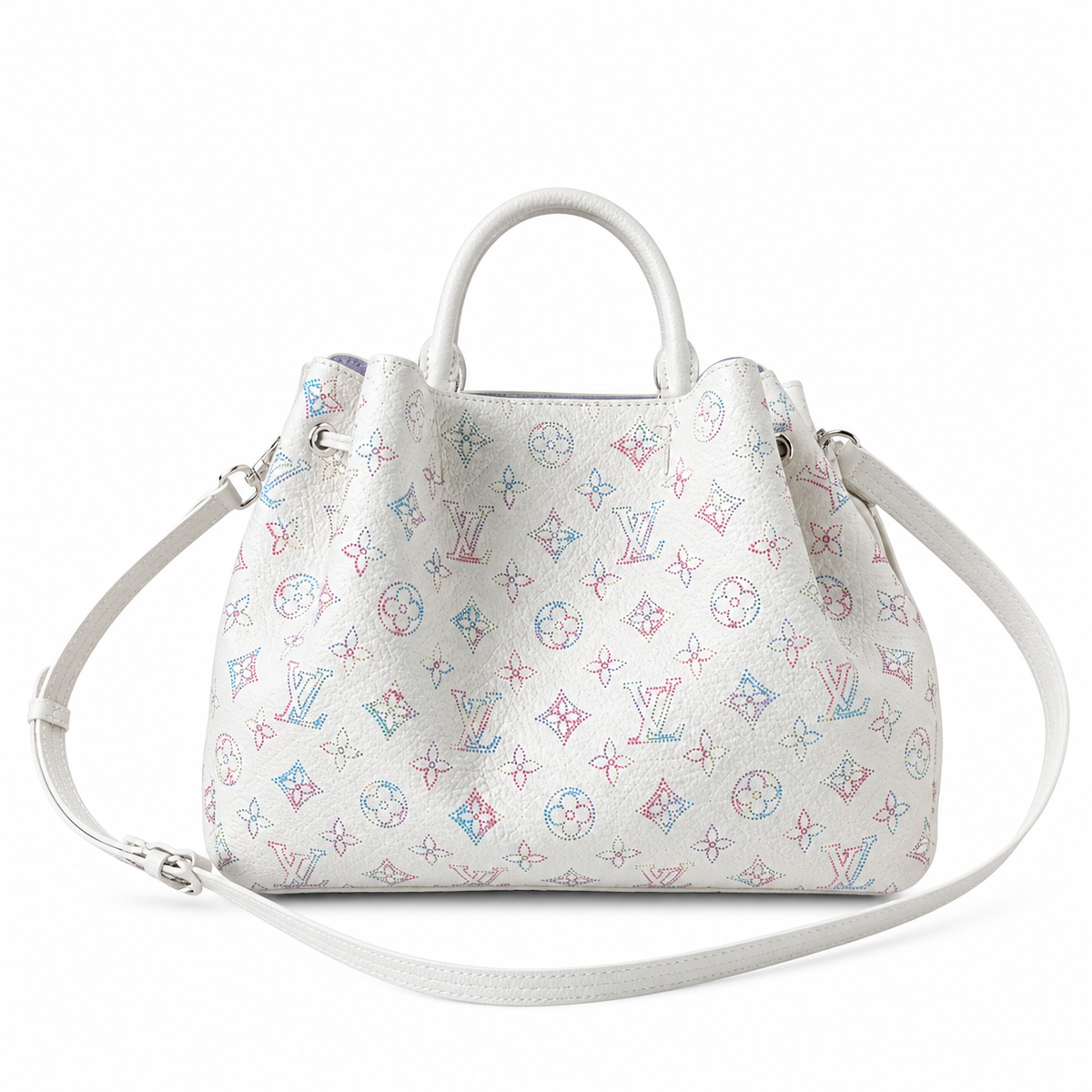 Louis Vuitton Bellissima MM white Mahina perforated leather tote with multicolor pastel Monogram pattern and silver hardware