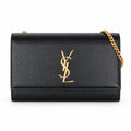 Saint Laurent YSL Kate Chain Bag in Black Grained Leather with Gold YSL Monogram and Gold Chain Strap