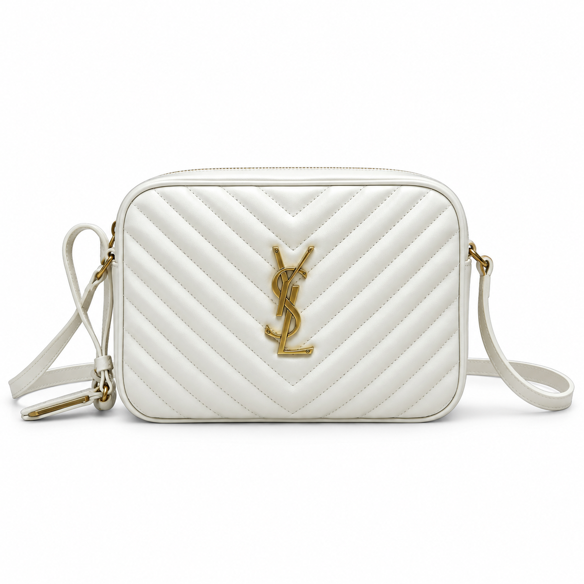 Saint Laurent YSL Lou Large Camera Bag in White Smooth Leather with Antique Gold YSL Monogram Chevron Quilting and Adjustable Leather Shoulder Strap