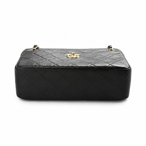 Chanel Black Lambskin Quilted Camera Bag | CC Turn-Lock Lid, Top Zip & Leather-Woven Chain