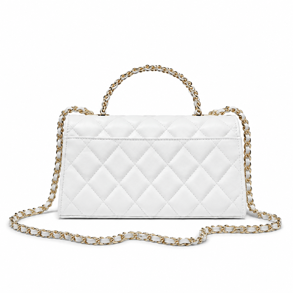 Chanel White Smooth Quilted Mini Top Handle Flap Bag | Gold Chain-Link CC Turn-Lock with Central Sphere & Dual White Chain