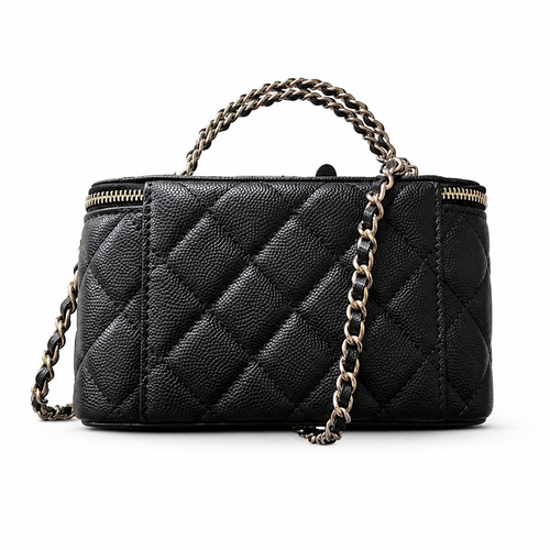 Chanel Black Diagonal Quilted Caviar Vanity Box Bag | Chain Top Handle & Silver Chain