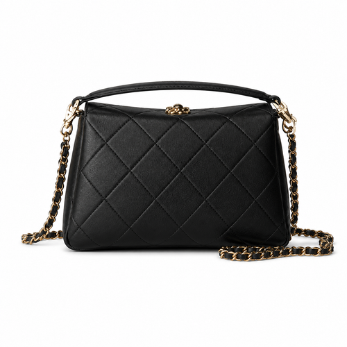 Chanel Black Quilted Lambskin Top Handle Crossbody | Camellia Turn-Lock — 23cm