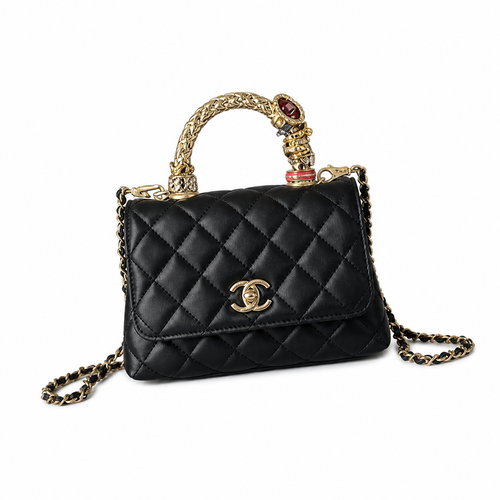 Chanel Black Quilted Lambskin Mini Flap | Jeweled Handle & Garnet Gemstone — 19cm