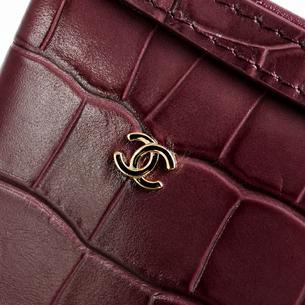 Chanel Burgundy Croc-Embossed Mini Bowling Bag | Gold CC & Chain — 19cm