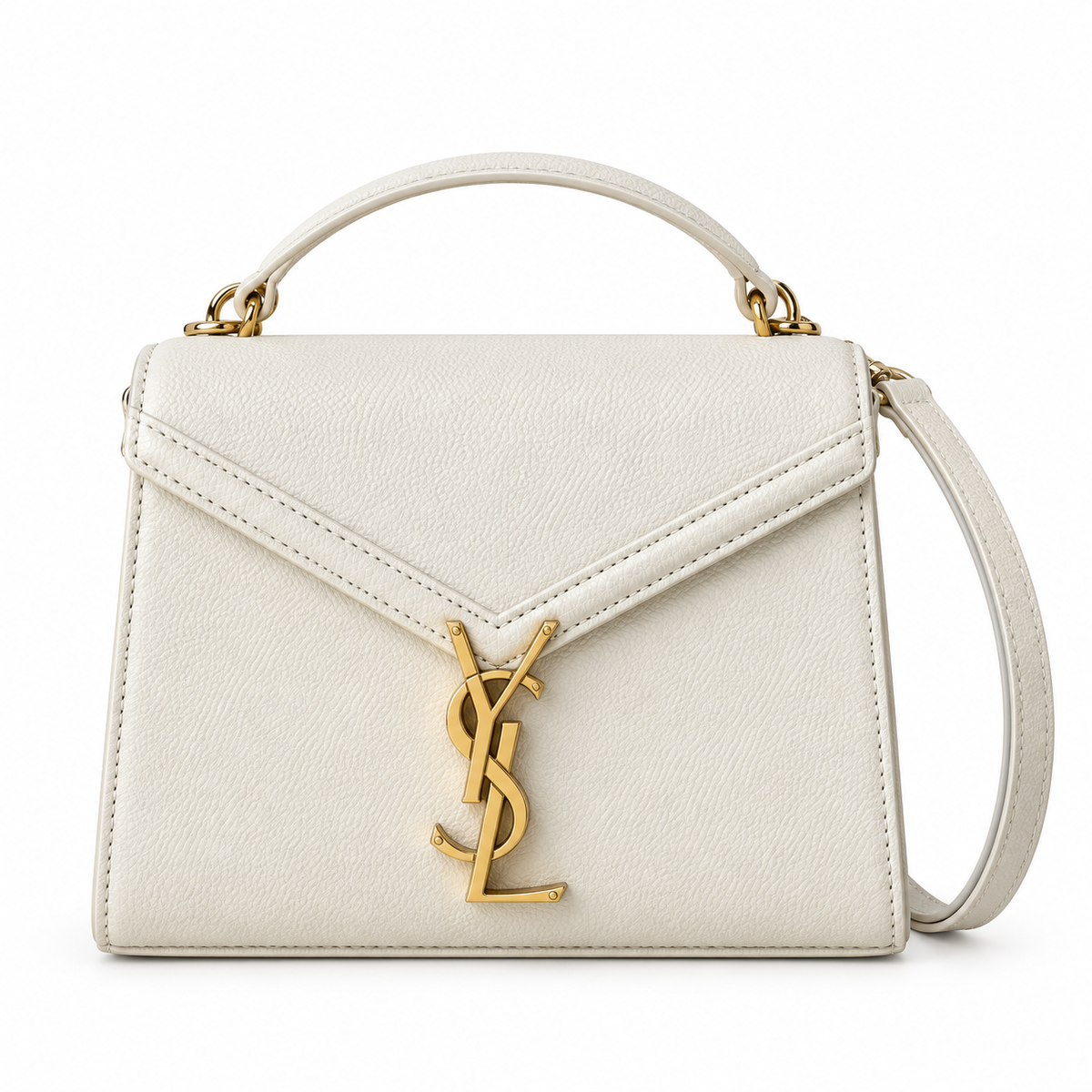 Saint Laurent Cassandra Mini white textured leather top handle bag with gold YSL monogram clasp and adjustable crossbody strap