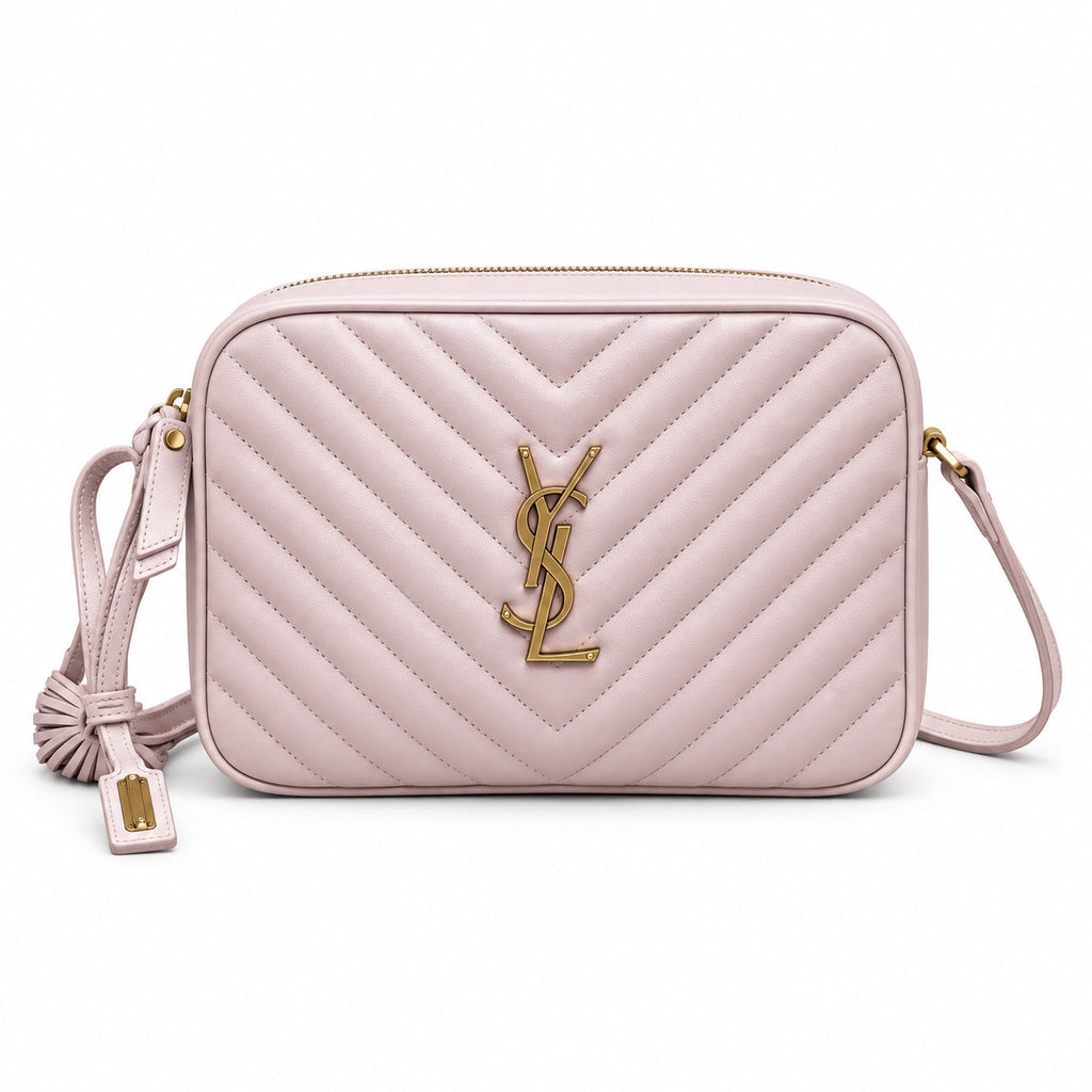 Saint Laurent YSL Lou Large Camera Bag in Blush Pink Rose Smooth Leather with Antique Gold YSL Monogram Chevron Quilting and Adjustable Leather Shoulder Strap