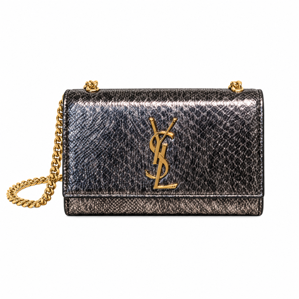 Saint Laurent Kate Small crossbody bag in metallic gunmetal snake-effect leather with gold YSL monogram chain strap