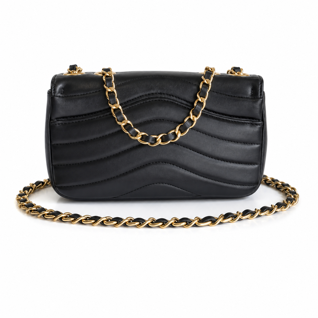 Chanel Wave-Quilted Mini Flap Black Lambskin | Gold CC Turn-Lock & Chain — 27cm