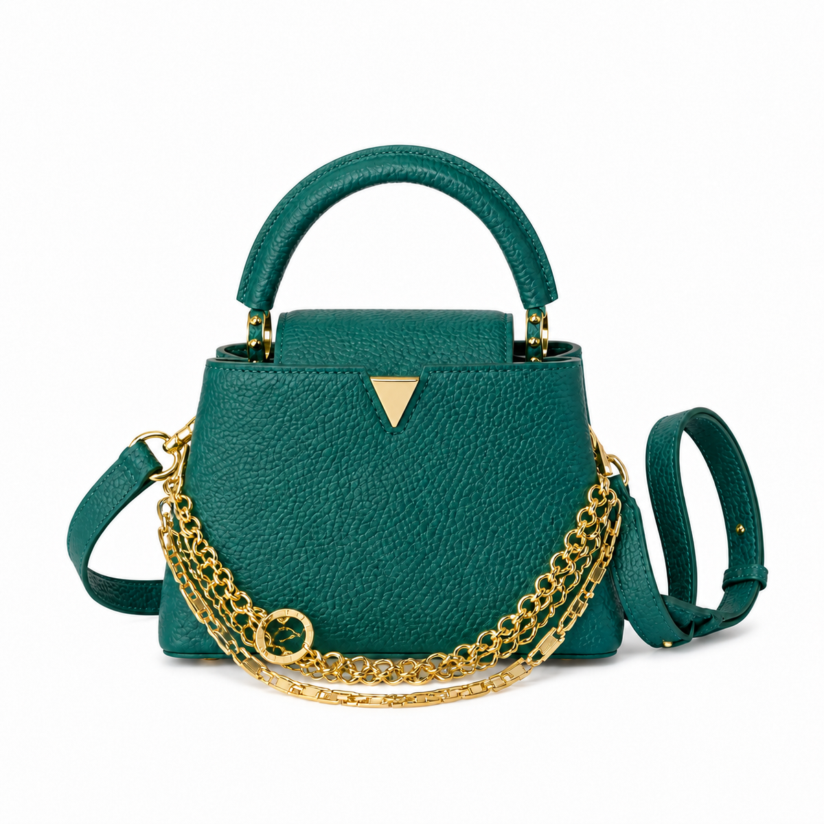 Louis Vuitton Capucines Mini Emerald Green Taurillon Leather with Triple Gold Chain Strap and Triangle LV Clasp