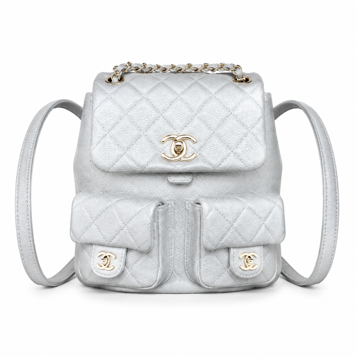 Chanel Duma Iridescent Caviar Backpack | CC Turn-Lock Gold Chain Silver — 20.5x20cm