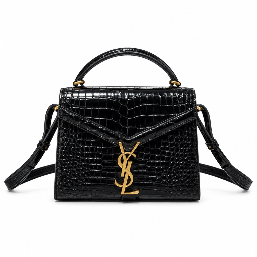 Saint Laurent Cassandra Medium black shiny croc-embossed leather top handle bag with gold YSL monogram clasp and dual adjustable straps