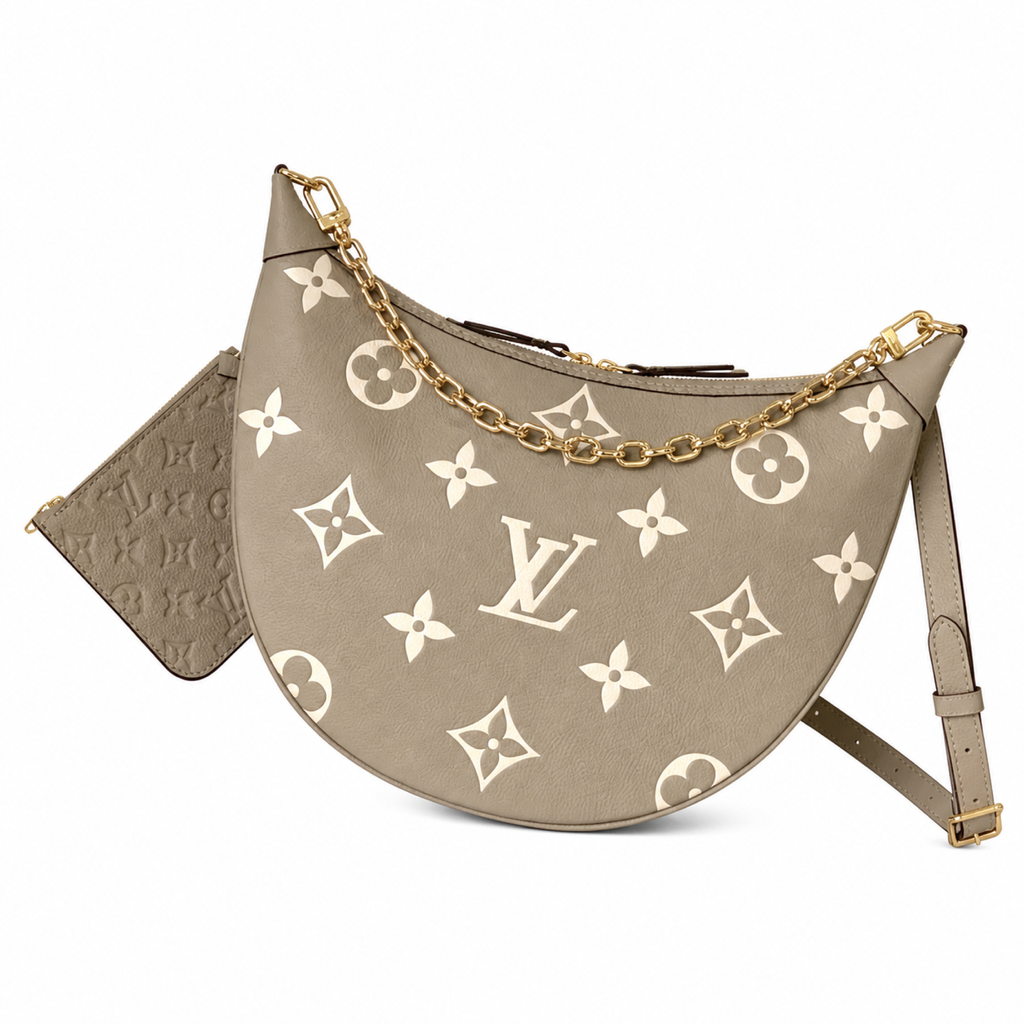 Louis Vuitton Loop Hobo Bicolor Giant Monogram Empreinte Taupe Cream with Gold Chain and Mini Card Holder