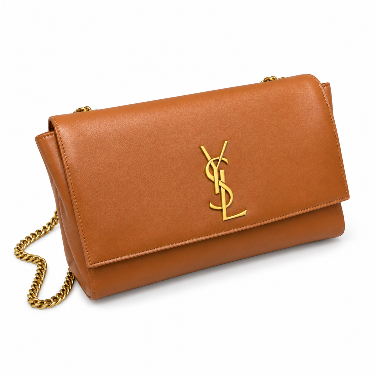 Saint Laurent YSL Kate Large Chain Bag in Caramel Tan Brown Smooth Leather with Gold YSL Monogram and Gold Chain Strap