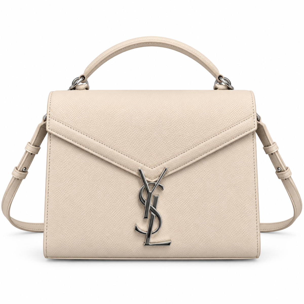 Saint Laurent Cassandra Medium cream grained leather top handle bag with silver YSL monogram charm and adjustable crossbody strap