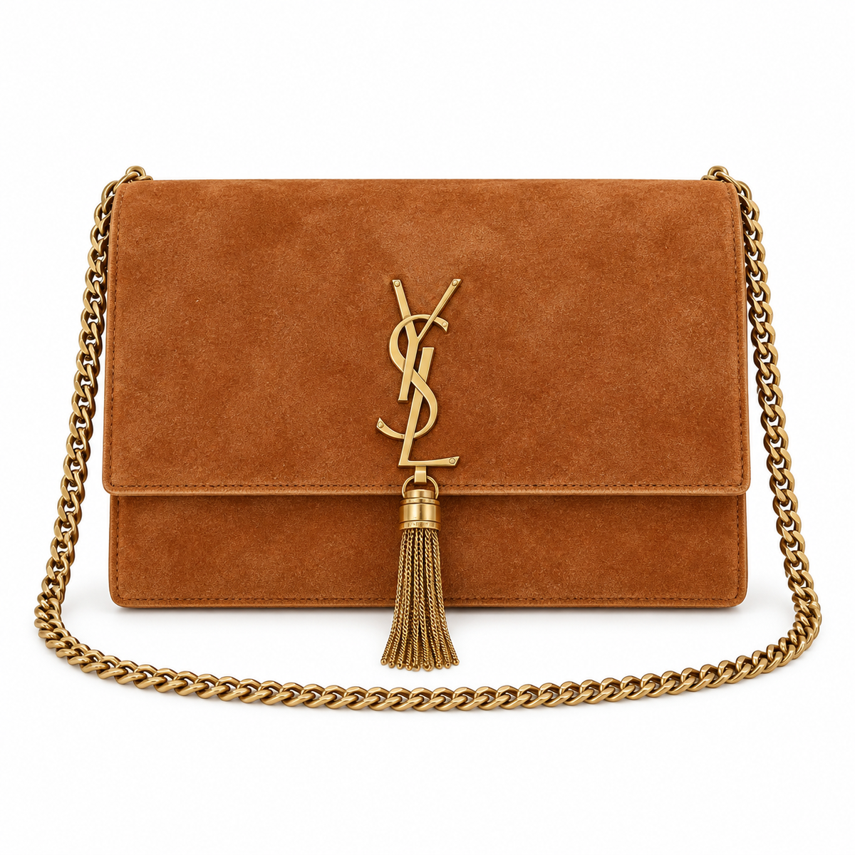 Saint Laurent YSL Kate Tassel Chain Bag in Tan Caramel Suede with Antique Gold Hardware and Tassel Charm
