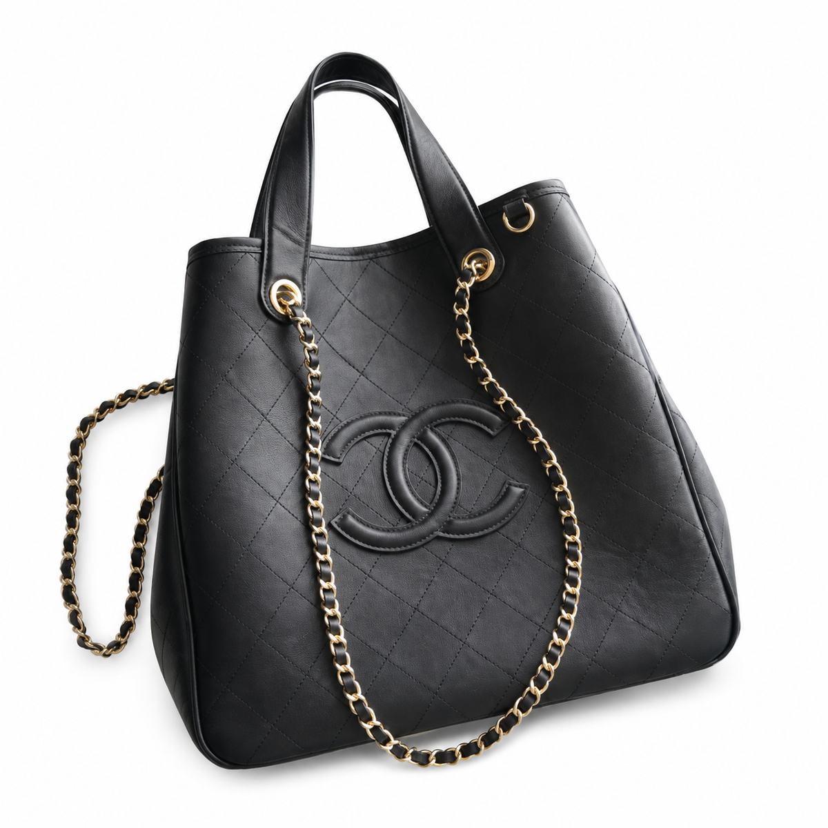 Chanel Black Caviar Leather Large Quilted Shopper Tote | Dual Handles & Gold CC Chain
