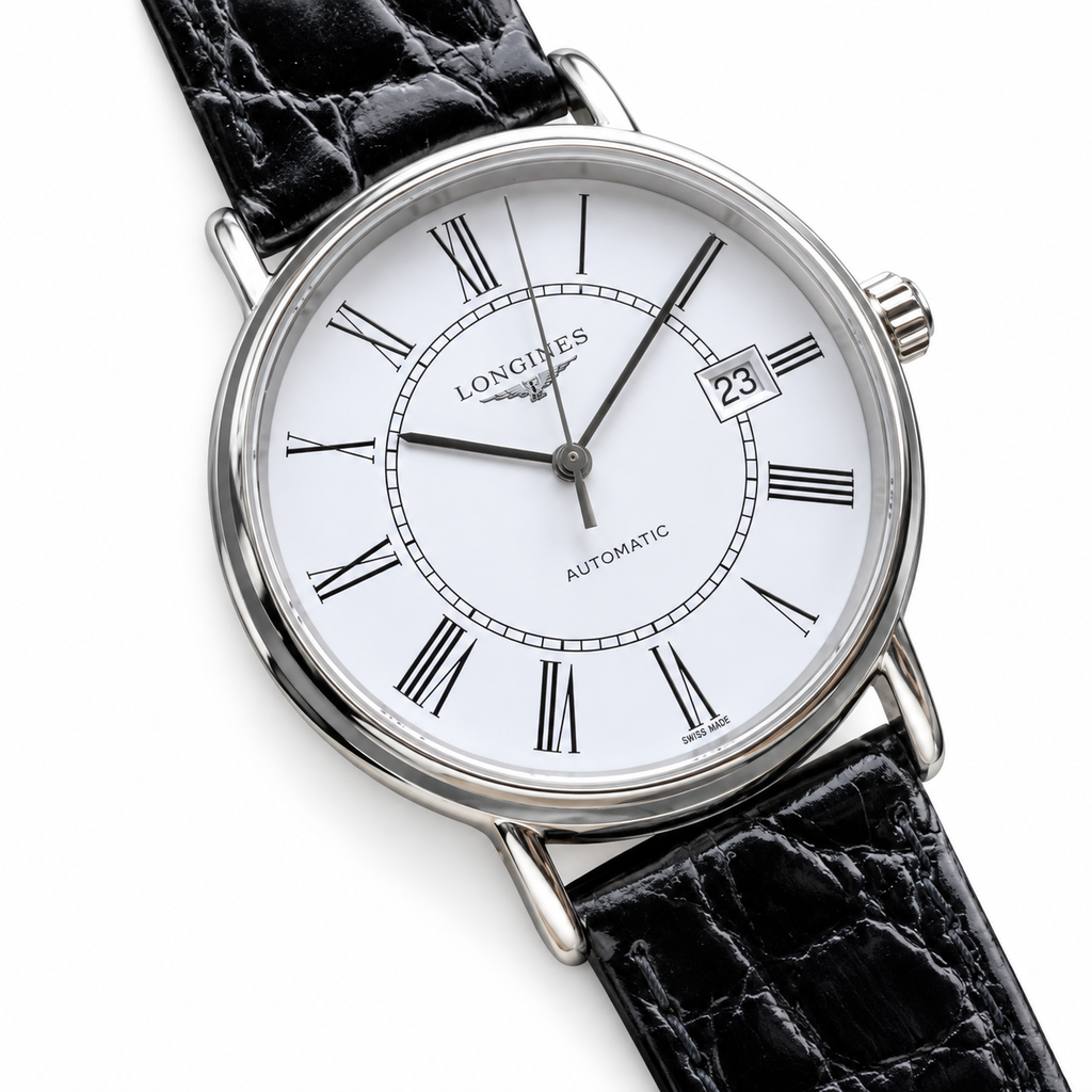 Longines Présence White Dial Roman Numerals Black Leather Dress Watch