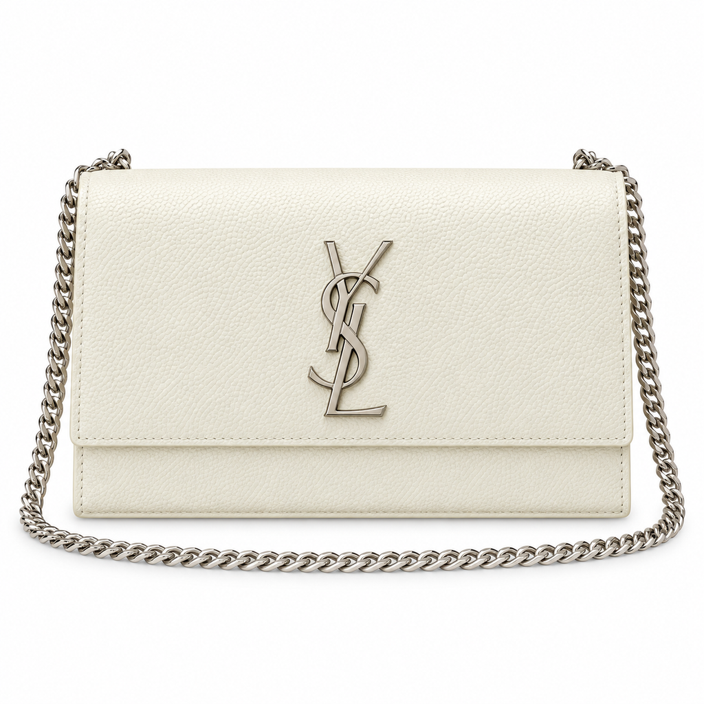Saint Laurent YSL Kate Chain Bag in Cream Textured Leather with Silver Hardware and Chain Strap
