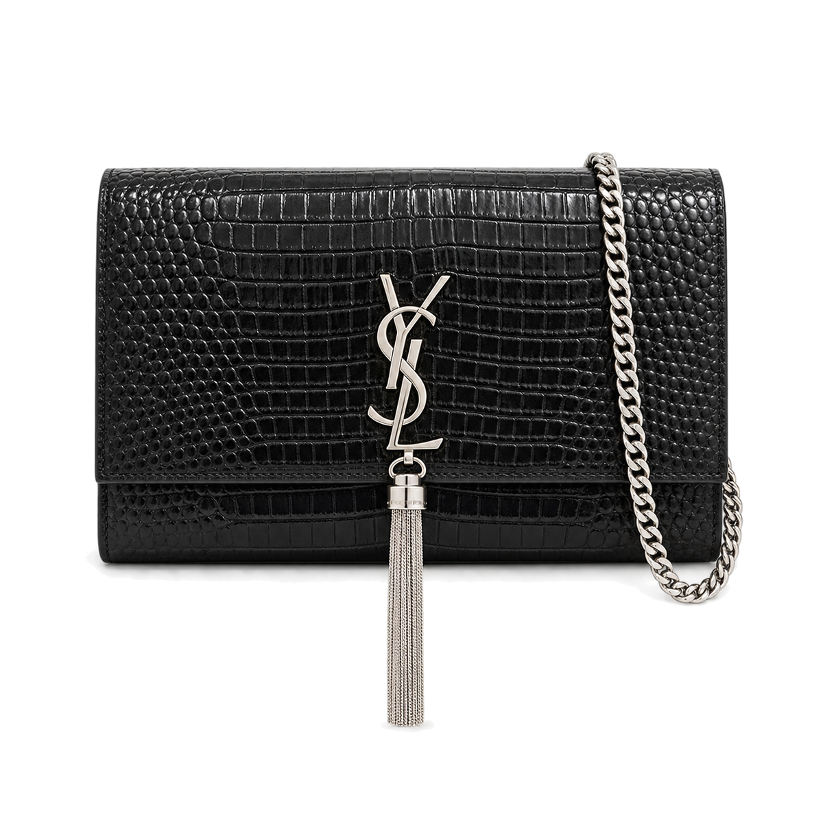 Saint Laurent YSL Kate Tassel Chain Bag in Black Croc-Embossed Leather with Silver Hardware and Tassel