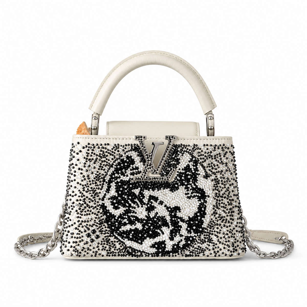 Louis Vuitton Capucines BB Crystal Rose Art Edition with Black and White Hand-Applied Crystals and Silver Chain