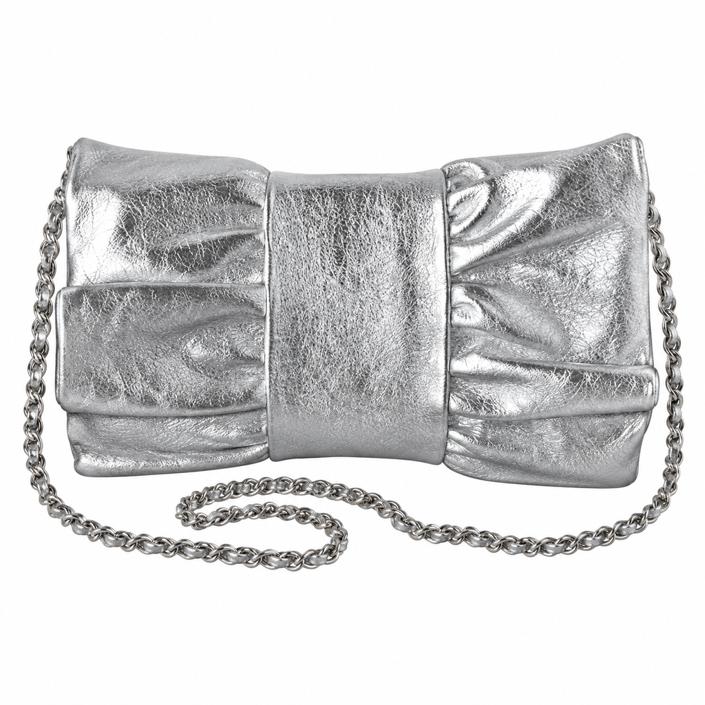 Chanel Bow Bag Ruched Metallic Crinkled Calfskin Silver 22cm