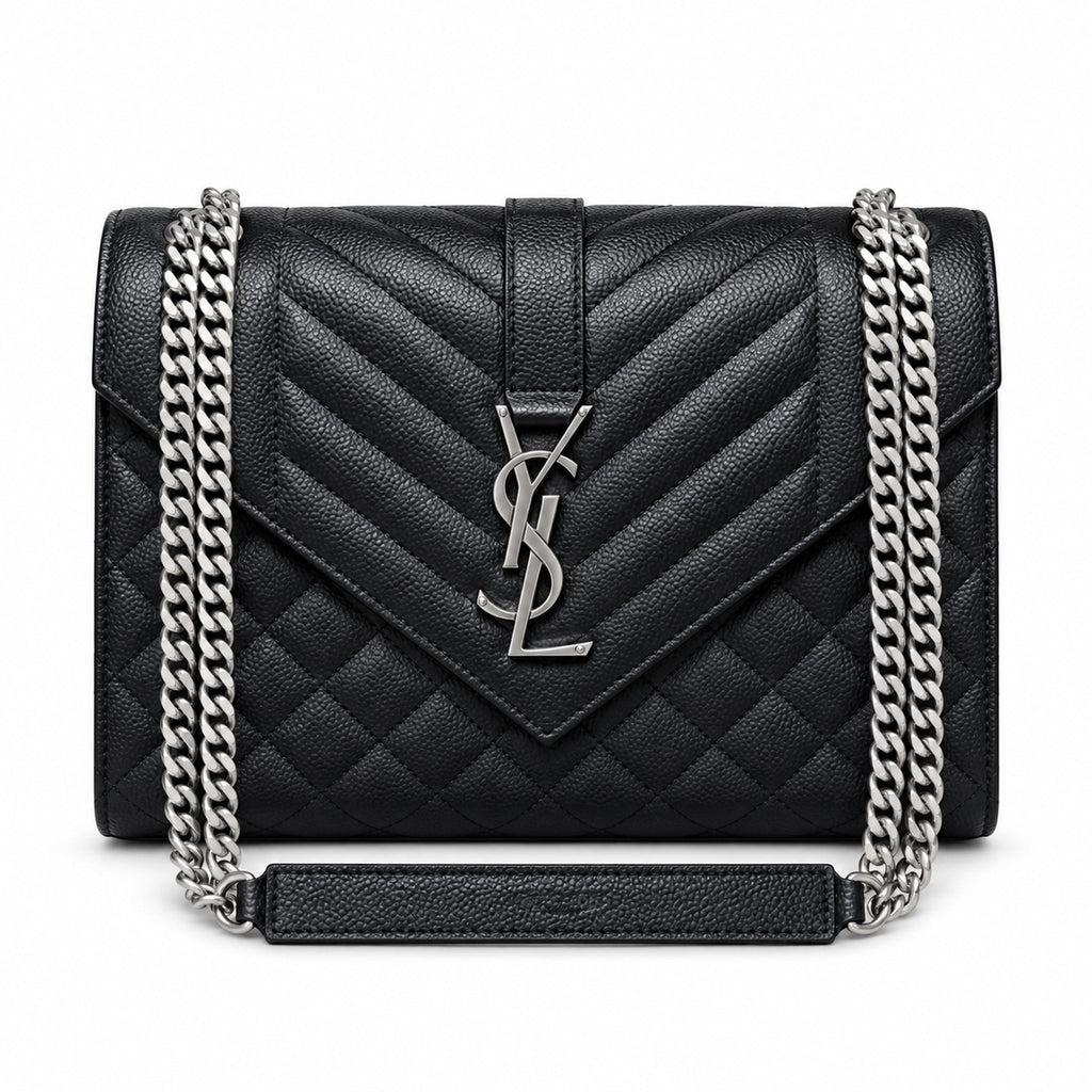 Saint Laurent YSL Envelope Large Bag in Black Noir Mix-Matelasse Quilted Grained Leather with Silver YSL Monogram Chevron Quilting Silver Curb Chain and Leather Wrist Handle