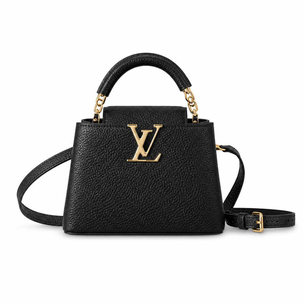 Louis Vuitton Capucines Mini Black Taurillon Leather Handbag Gold Chain Handle