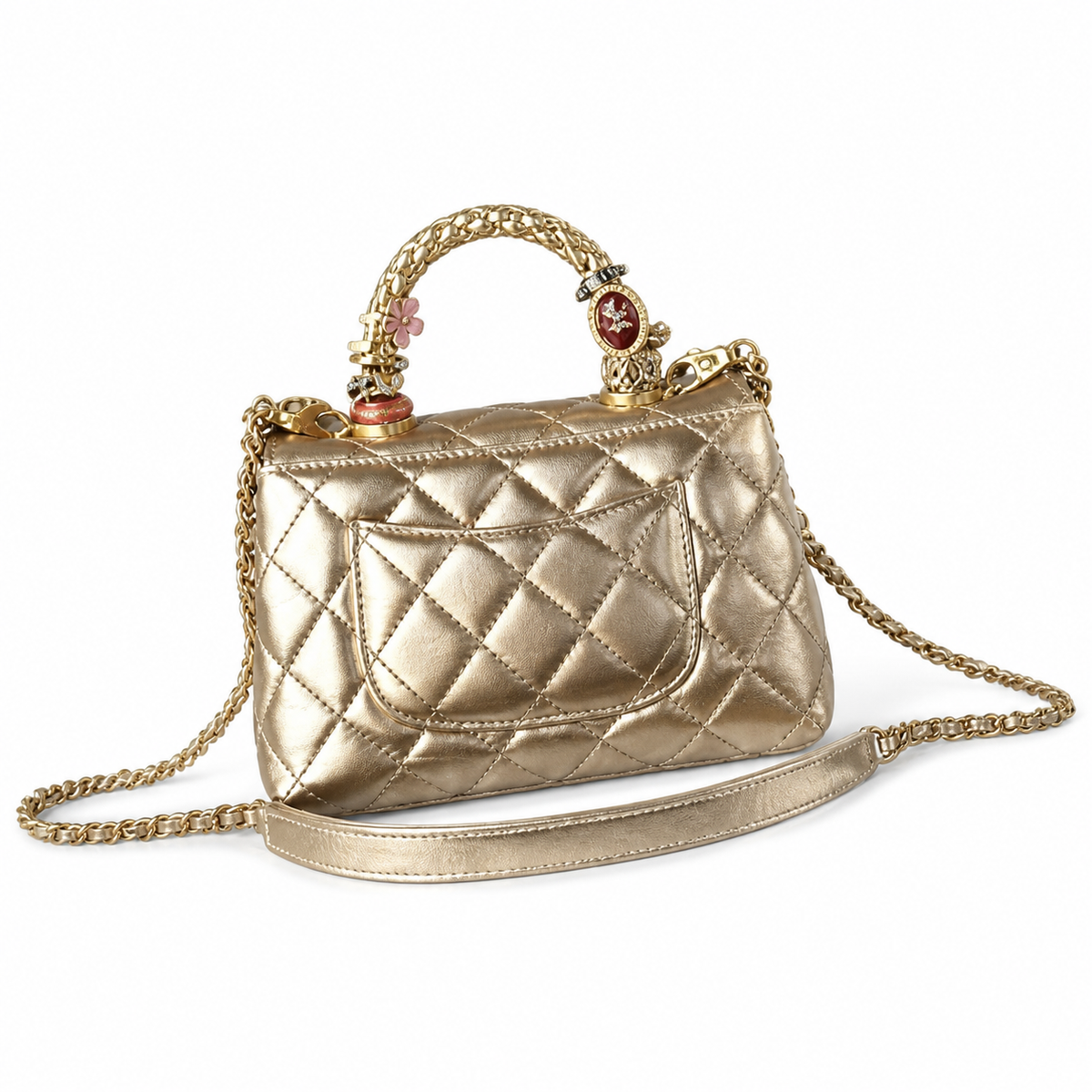 Chanel Champagne Gold Quilted Lambskin Mini Flap | Camellia Turn-Lock & Jeweled Handle — 19cm