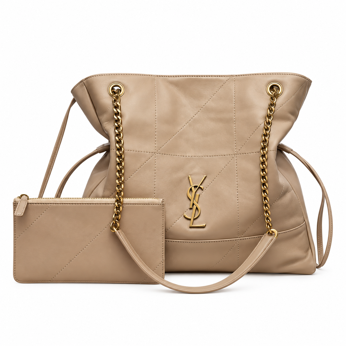 YSL Saint Laurent Jamie Tote Bag in beige quilted leather with matching YSL mini zip pouch and gold chain straps