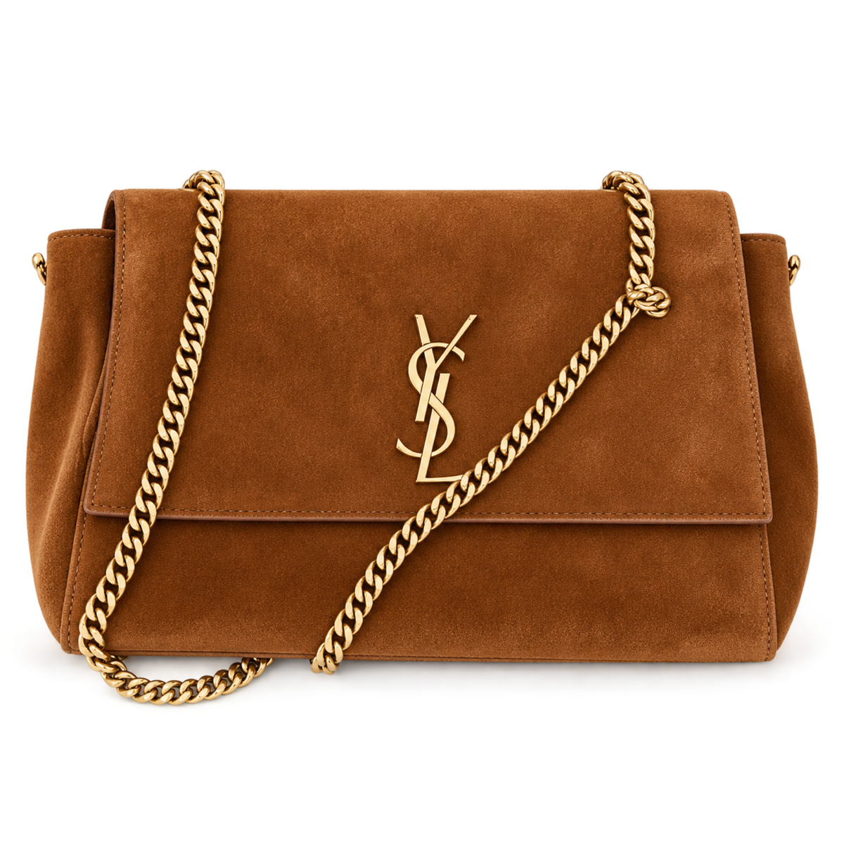 Saint Laurent YSL Kate Large Chain Bag in Cognac Tobacco Brown Suede with Gold YSL Monogram and Double Gold Chain Straps