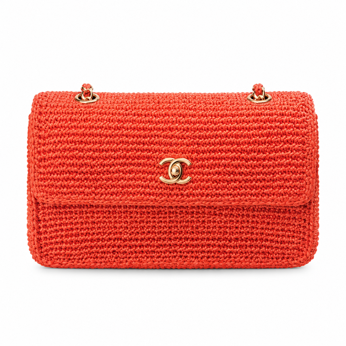 Chanel CC Raffia Woven Flap Bag | Orange-Red & Gold Chain — 25cm