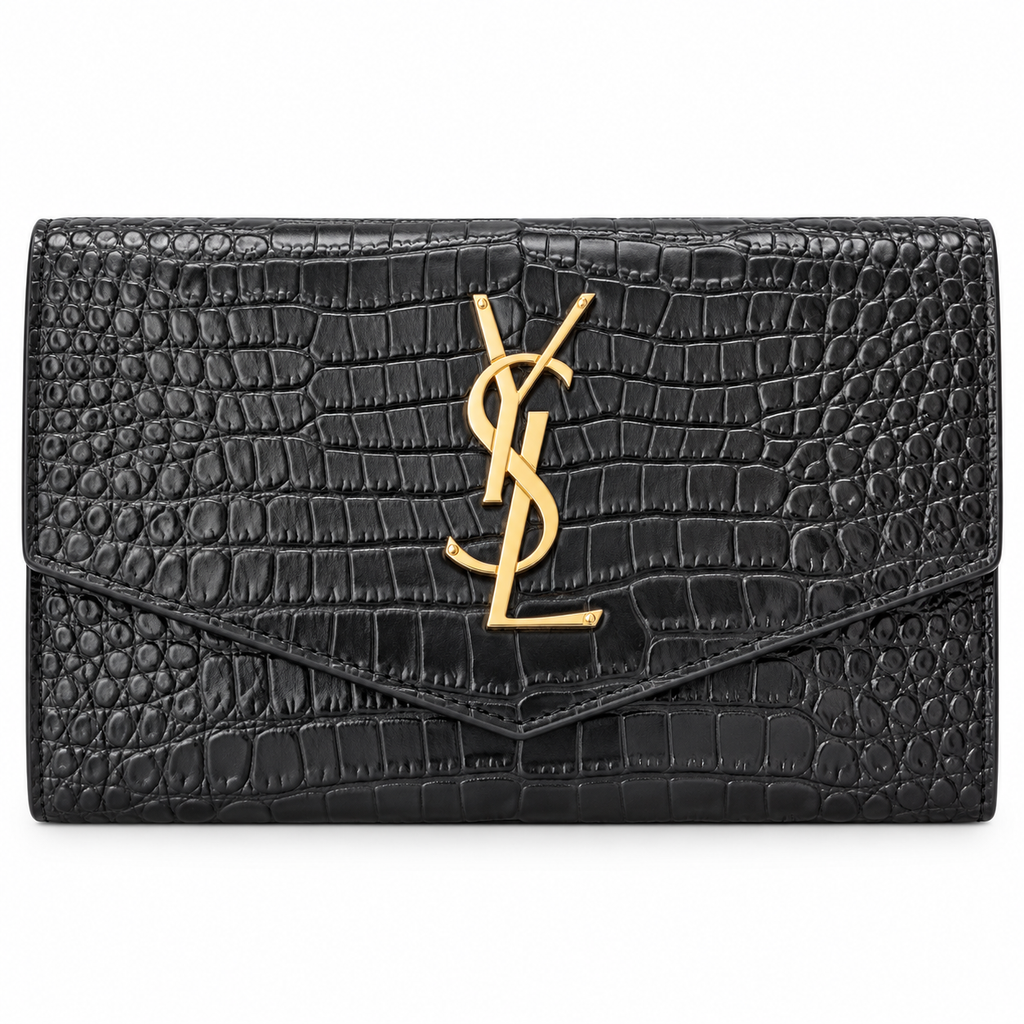 Saint Laurent Uptown wallet bag black shiny croc-embossed leather with oversized gold YSL monogram plaque and V-shaped envelope flap