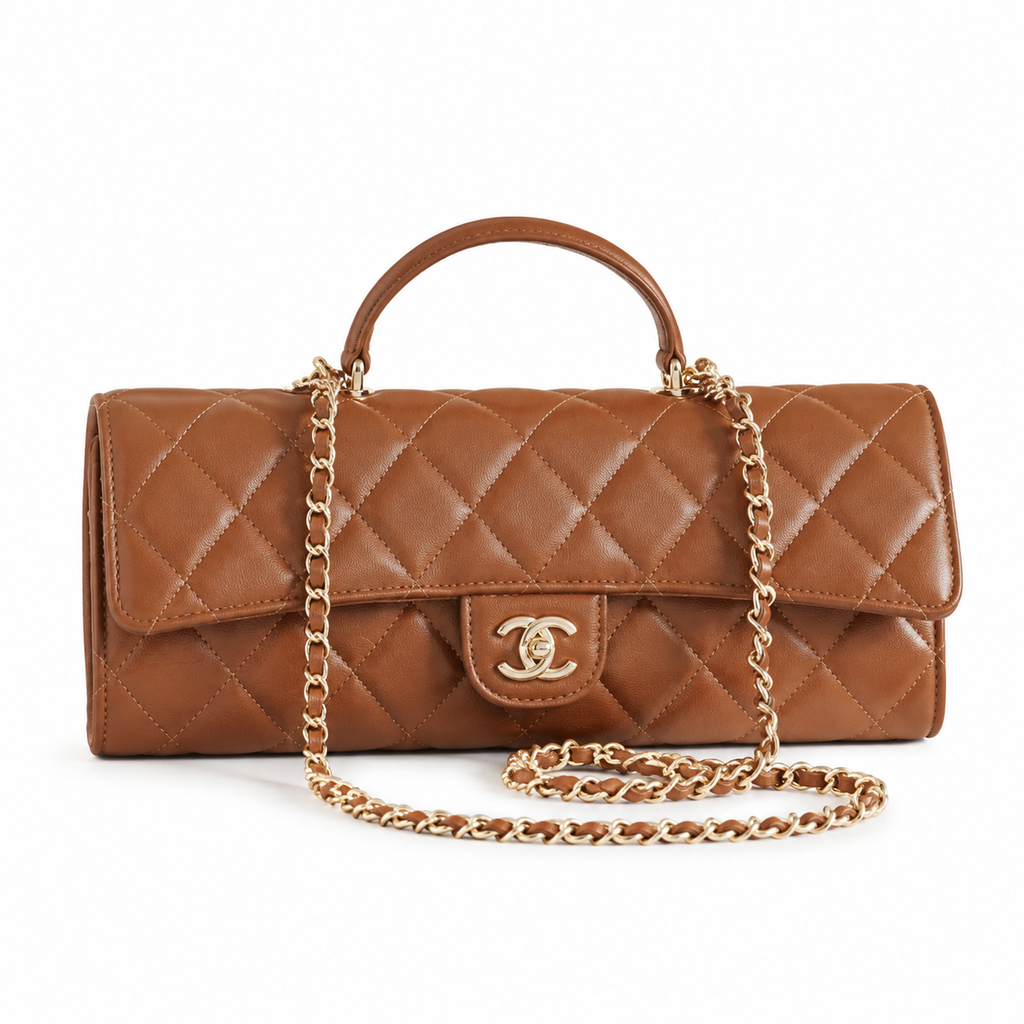 Chanel Caramel Lambskin Large-Quilted Elongated Flap Bag | Top Handle & Tonal Gold Chain
