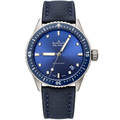 Blancpain Fifty Fathoms Bathyscaphe deep blue sunburst dial unidirectional blue ceramic bezel navy woven fabric strap automatic dive watch