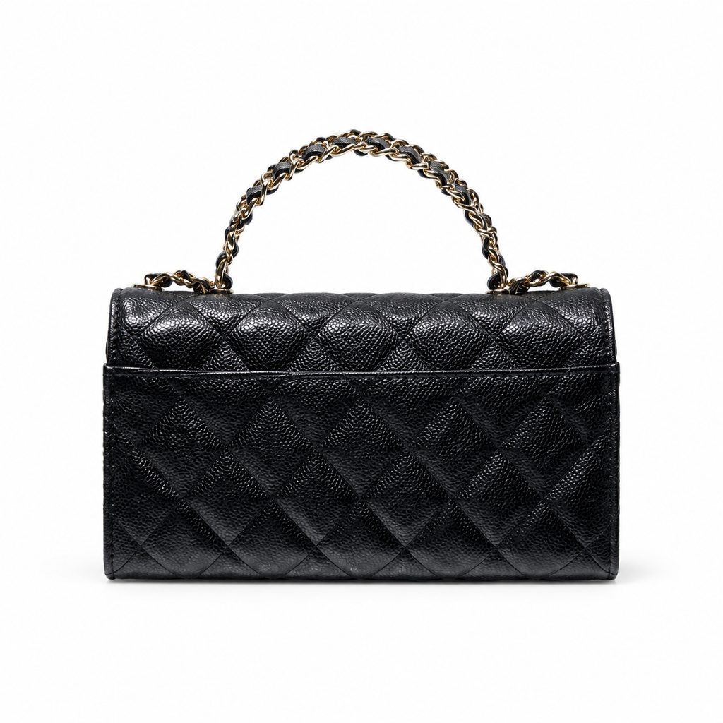 Chanel Black Caviar Quilted Mini Top Handle Flap Bag | Gold Chain-Texture CC Turn-Lock, Ball Connectors & Quilted Interior Pocket