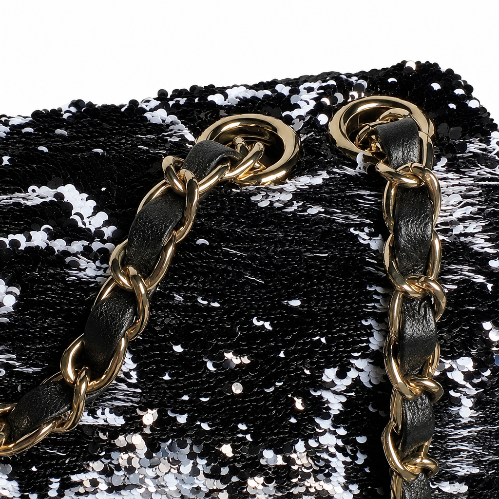 Chanel Black & Silver Sequin Hand-Drawn Flap Bag | Bow, Botanical Scrolls & Gestural Fills, Antique Gold CC