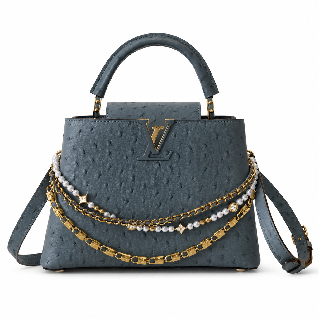 Louis Vuitton Capucines BB Blue Grey Ostrich Leather with Triple Pearl and Gold Chain Embellishment