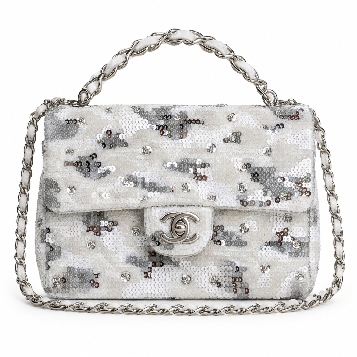 Chanel White & Silver Sequin Leopard Classic Flap Bag