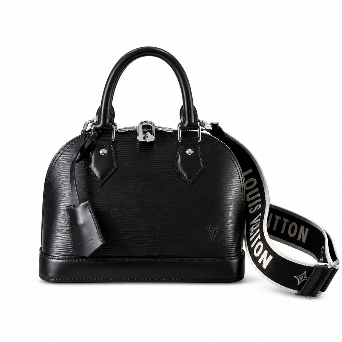 Louis Vuitton Alma BB Black Epi Leather Bag with Silver Hardware and Logo Strap