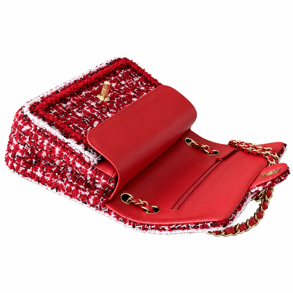 Chanel Classic Double Flap Tweed Red Pink Black White Gold 25cm