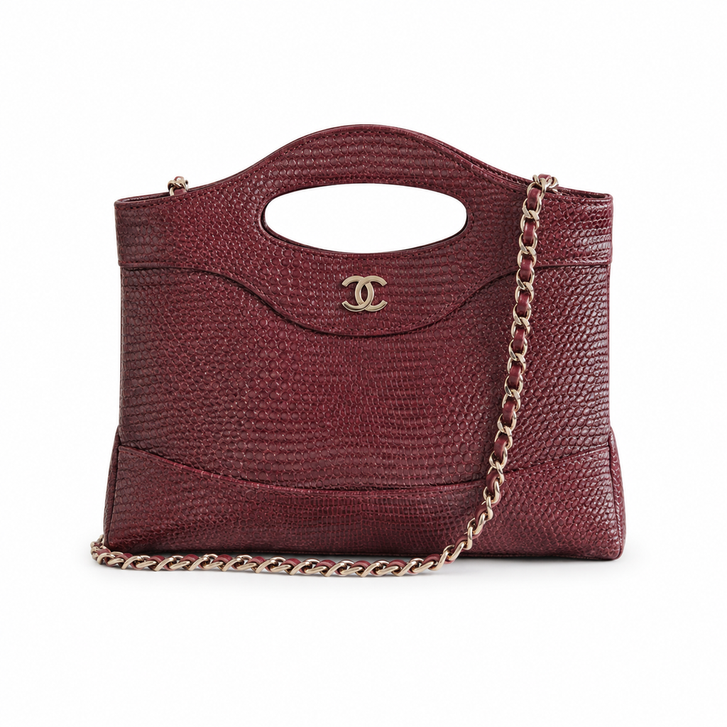 Chanel Burgundy Lizard-Embossed Leather Tote | Cut-Out Handle & Ruthenium Chain Strap