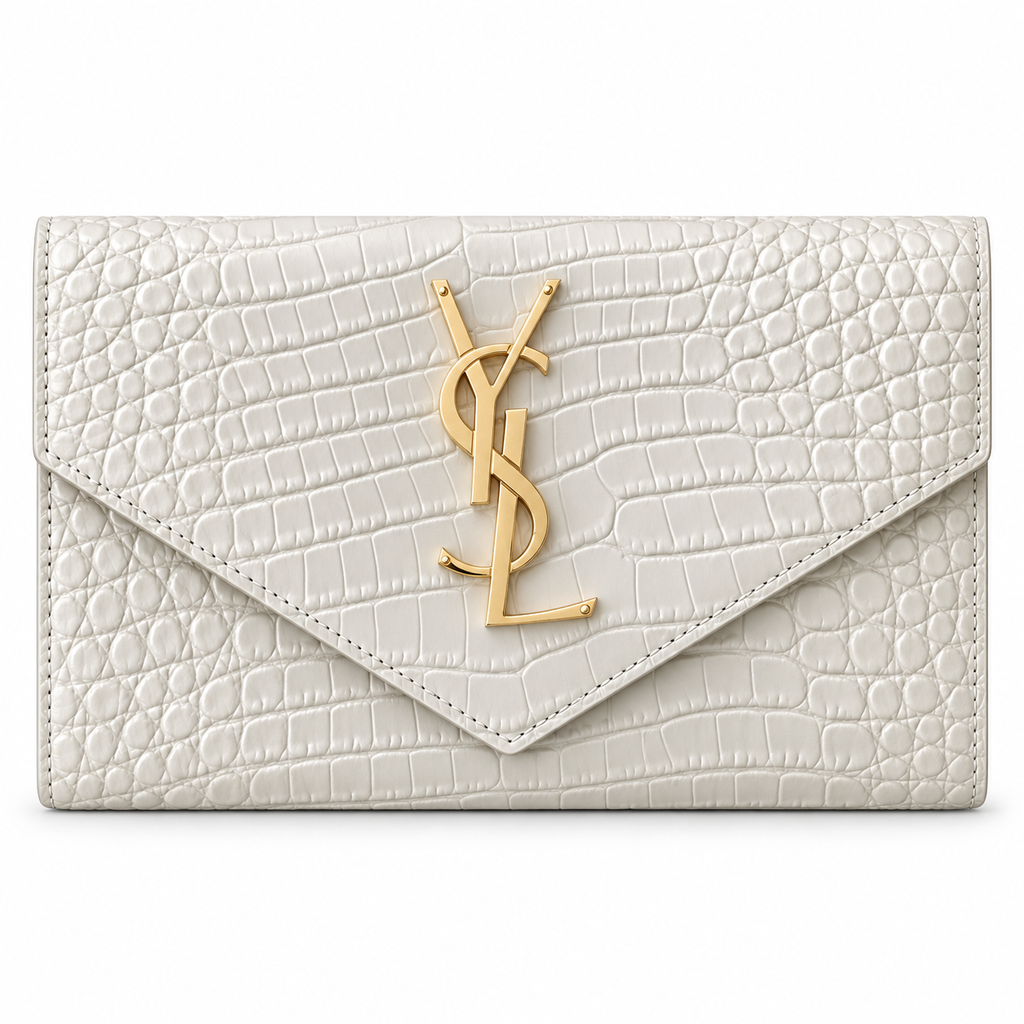 Saint Laurent Uptown wallet bag white matte croc-embossed leather with oversized gold YSL monogram plaque and V-shaped envelope flap