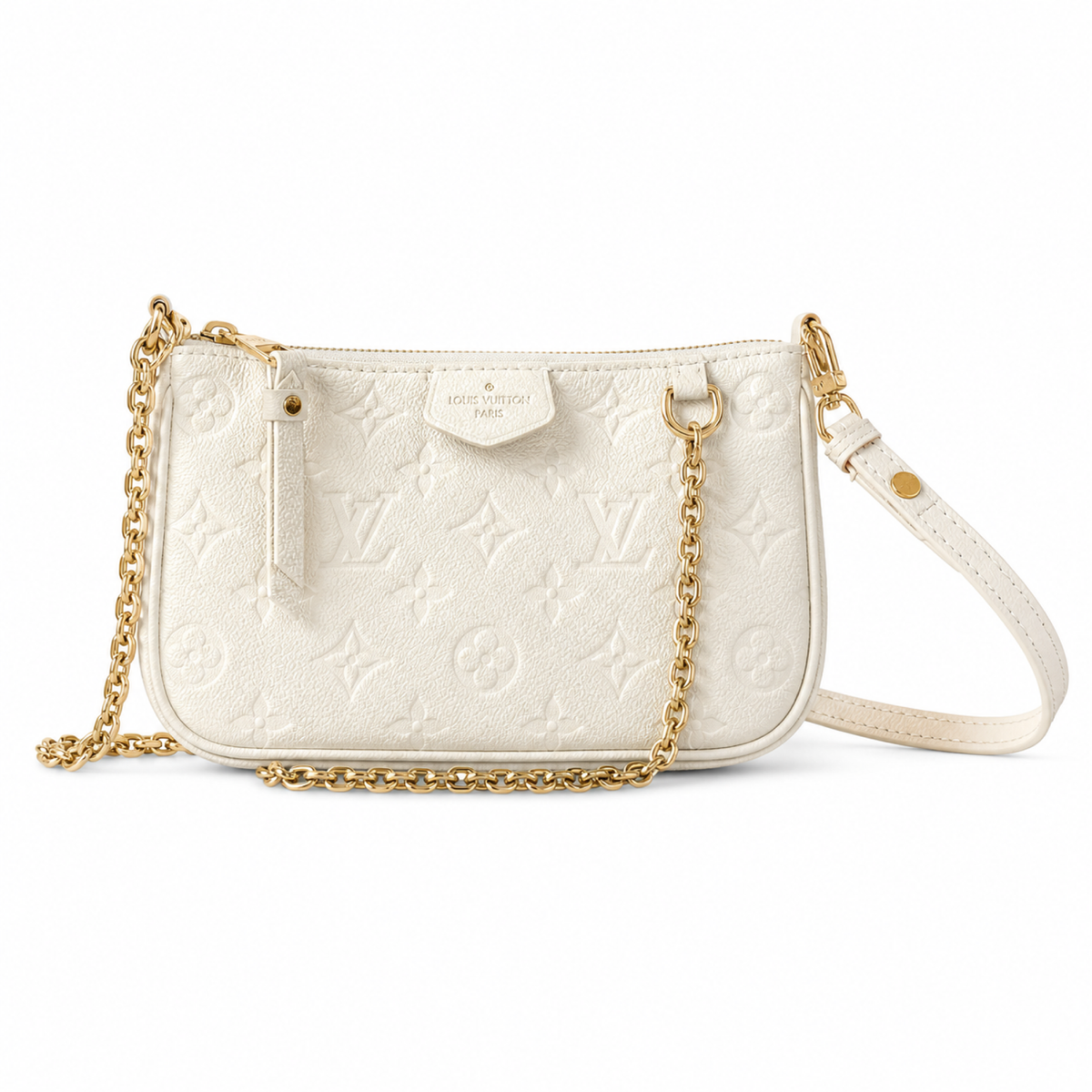 Louis Vuitton Easy Pouch On Strap Cream Monogram Empreinte with Gold Chain and Adjustable Leather Crossbody Strap