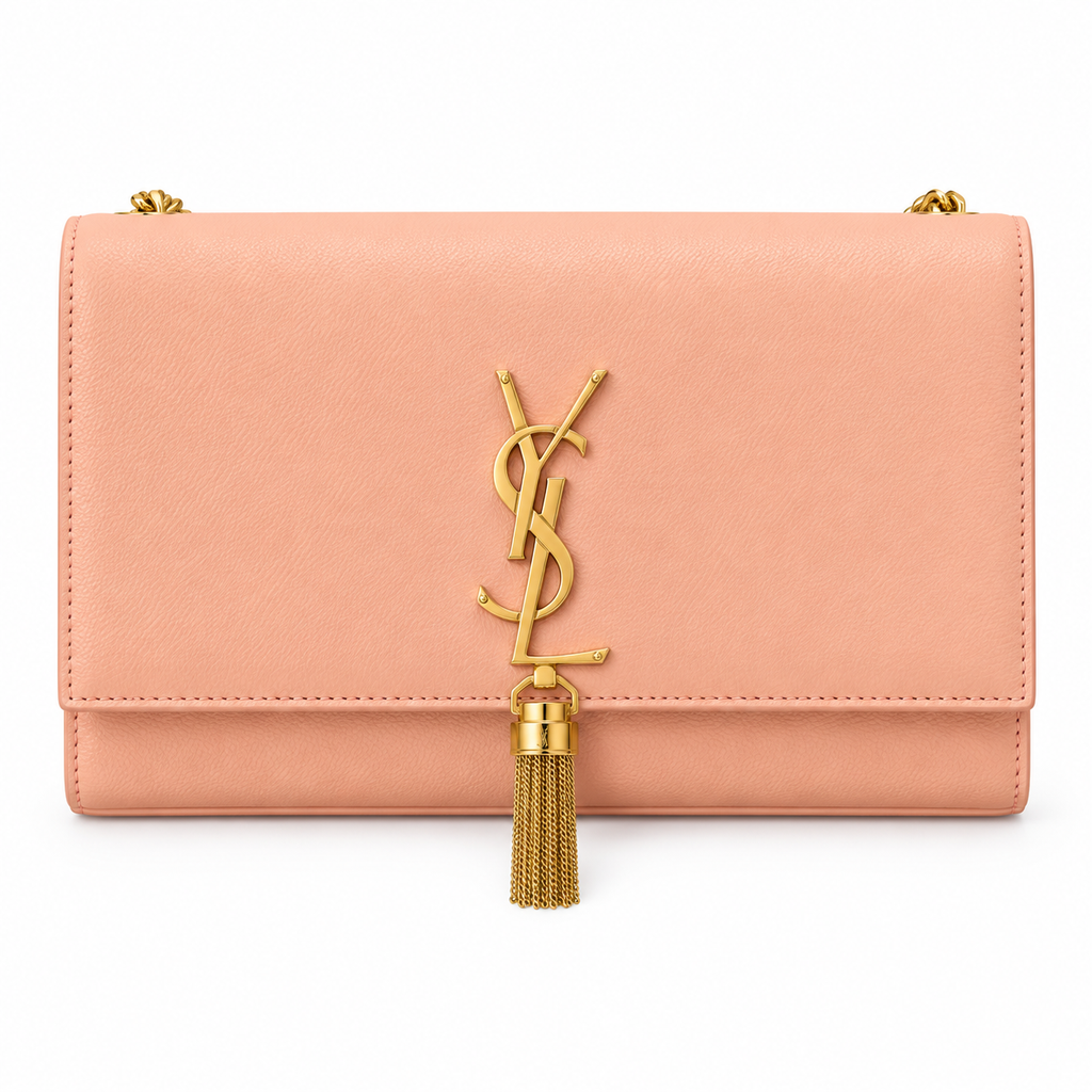 Saint Laurent YSL Kate Tassel Chain Bag in Blush Pink Smooth Leather with Gold YSL Monogram and Gold Tassel Charm