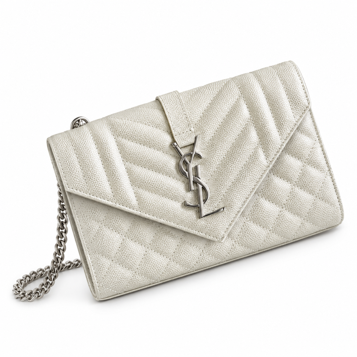Saint Laurent YSL Envelope Bag in Pearl White Ivory Mix-Matelasse Quilted Grained Leather with Silver YSL Monogram Mixed Chevron Quilting and Silver Curb Chain Strap