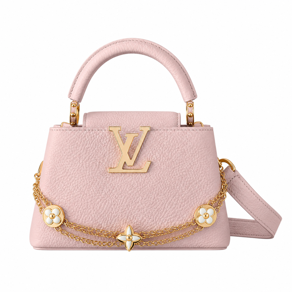 Louis Vuitton Capucines Mini Blush Pink Taurillon Leather with Gold Double Chain and Enamel White LV Flower Charms