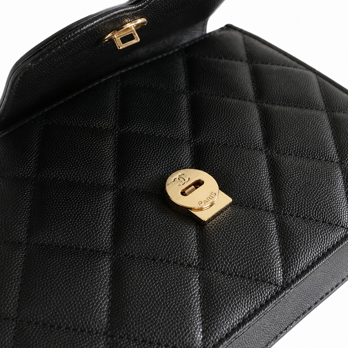 Chanel Black Aged Caviar Quilted Flap Bag | Oversized CC Logo, Top Handle & Gold Chain