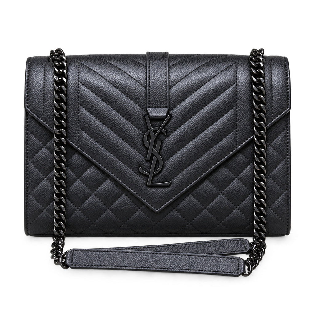 Saint Laurent YSL Envelope Medium Bag All Black Noir Mix-Matelasse Quilted Grained Leather with Matte Black Tone-on-Tone YSL Monogram Chevron Quilting Matte Black Curb Chain and Black Leather Shoulder Strap